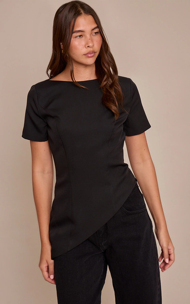  Prettylittlething Black Woven Structured Asymmetric Hem Top 