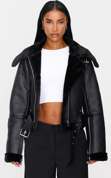  Prettylittlething Black Zip Cropped Aviator 