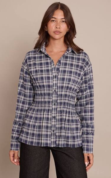  Prettylittlething Blue Check Shirred Waist-shirt 