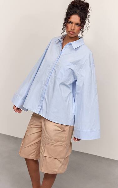  Prettylittlething Blue Cotton Wide Sleeve Oversized Shirt 