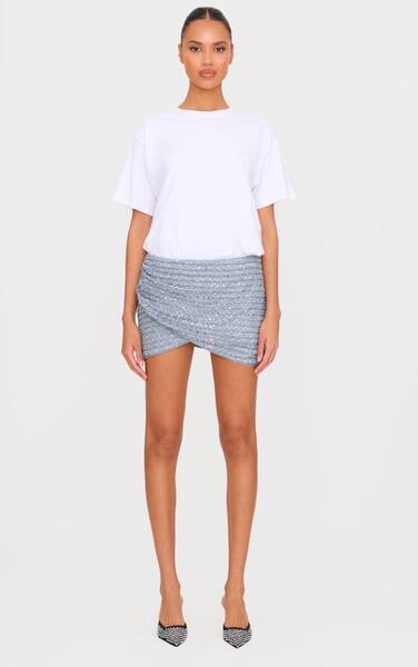  Prettylittlething Blue Grey Textured Sequin Mini Skirt 