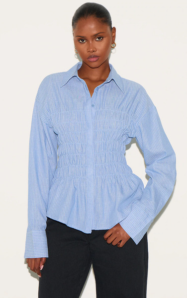  Prettylittlething Blue Shirred Striped Fitted Shirt 