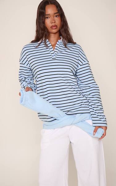  Prettylittlething Blue Soft Striped Fleece Polo Tshirt 