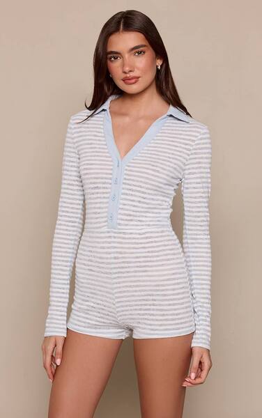  Prettylittlething Blue Striped Rib Long Sleeve Collar Detail Playsuit 