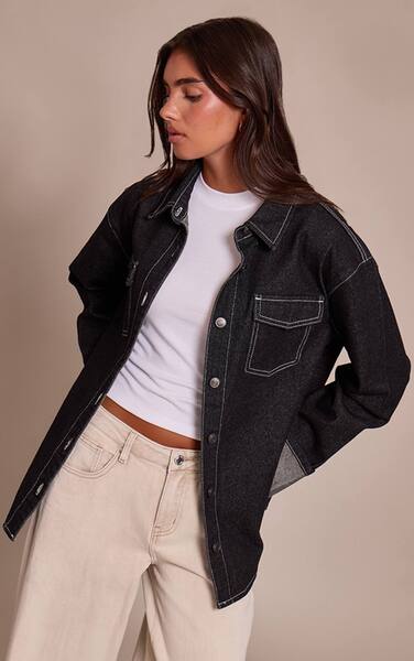  Prettylittlething Blue Turn Up Cuff Oversized Denim Shirt 
