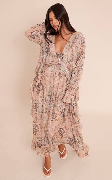  Prettylittlething Blush Floral Printed Plunge Extreme Frill Maxi Dress 