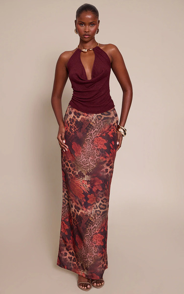  Prettylittlething Brown Abstract Animal Print Chiffon Maxi Skirt, Leopard 