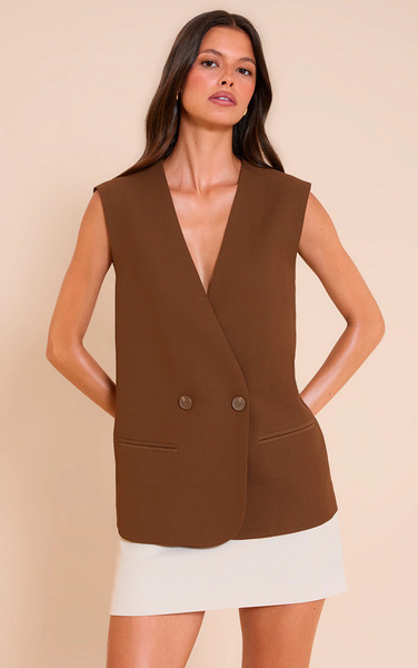  Prettylittlething Brown Boxy Oversized Waistcoat 