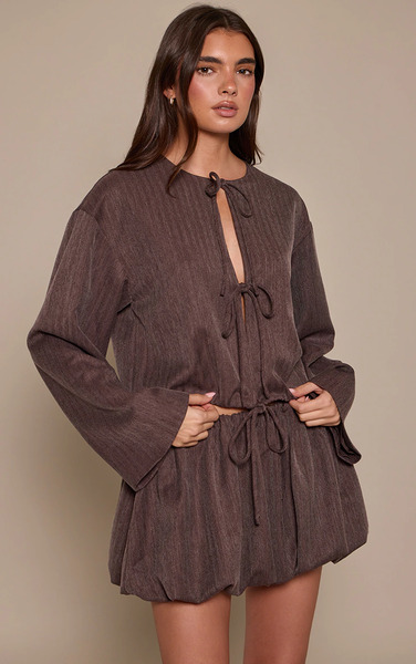  Prettylittlething Brown Brushed Tie Front Blouse 