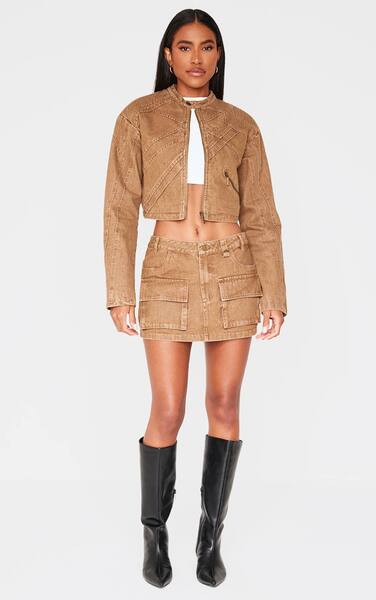  Prettylittlething Brown Cargo Pocket Detail Denim Mini Skirt 