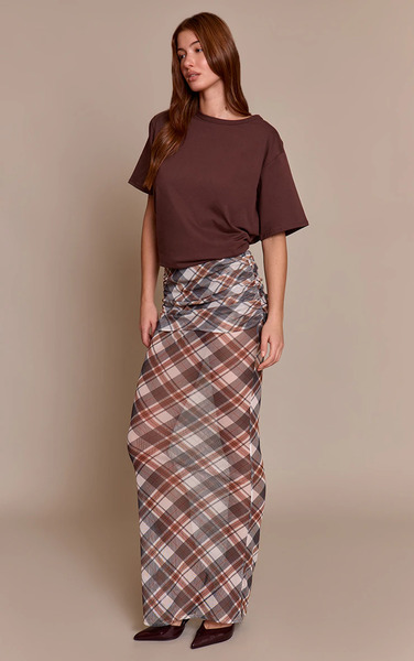  Prettylittlething Brown Check Print Mesh Overlay Maxi Skirt 