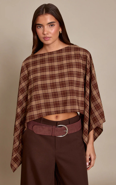  Prettylittlething Brown Check Woven Cape Style Top 