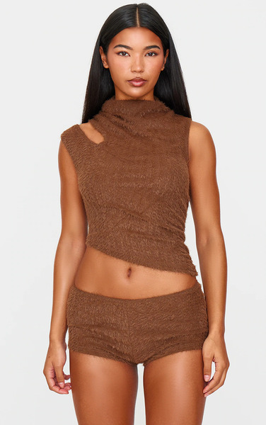  Prettylittlething Brown Faux Fur Textured Playsuit 