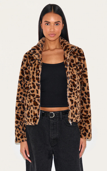  Prettylittlething Brown Leopard Fleece Zip Up Jacket 