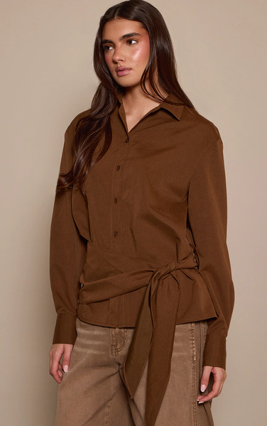 Prettylittlething Brown Oversized Wrap Waist-shirt 