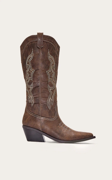  Prettylittlething Brown Pu Point Toe Western Calf High Boots 