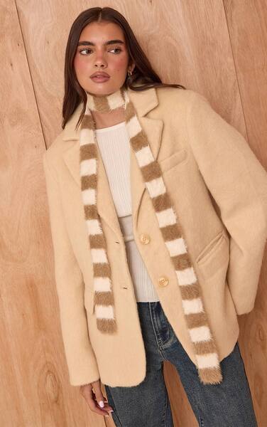  Prettylittlething Brown Skinny Fluffy Scarf 