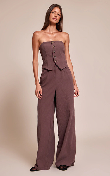  Prettylittlething Brown Textured Bandeau Button Jumpsuit 