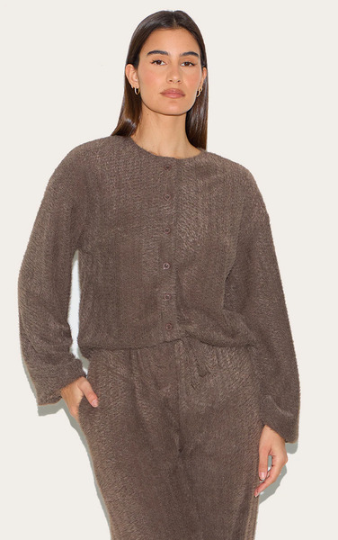  Prettylittlething Brown Textured Button Up Long Sleeve Cardigan Sweater 
