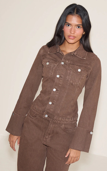  Prettylittlething Brown Turn Up Cuff Cinched Back Denim Jacket 
