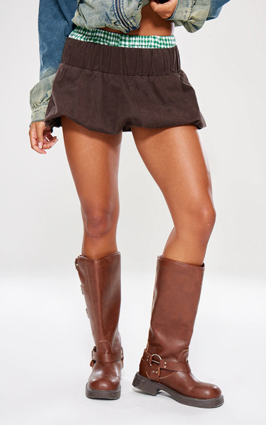  Prettylittlething Brown Twill Low Rise Puffball Mini Skirt 