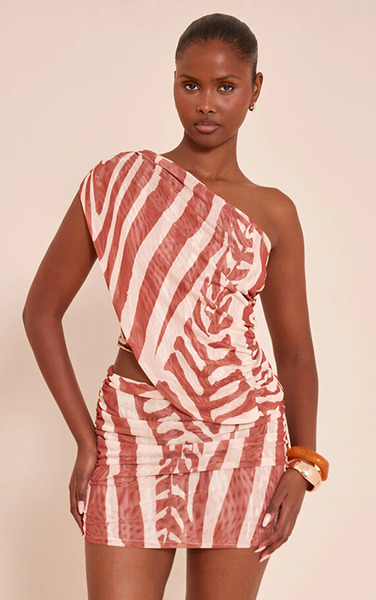  Prettylittlething Brown Zebra Print Mesh One Shoulder Ruched Top 