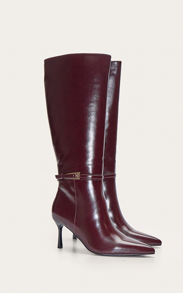  Prettylittlething Burgundy Buckled Knee High Stiletto Heeled Boot 