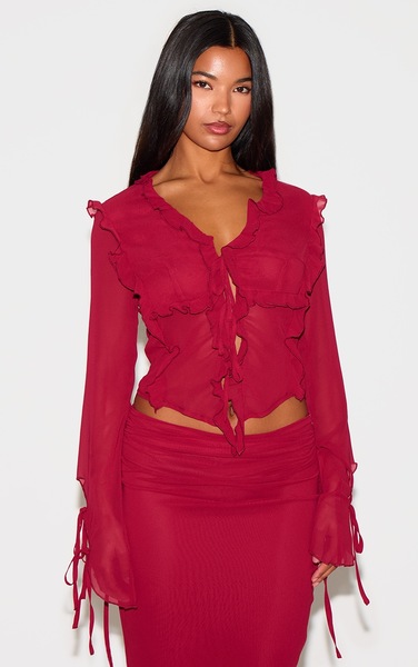  Prettylittlething Burgundy Chiffon Ruffle Tie Front Blouse 