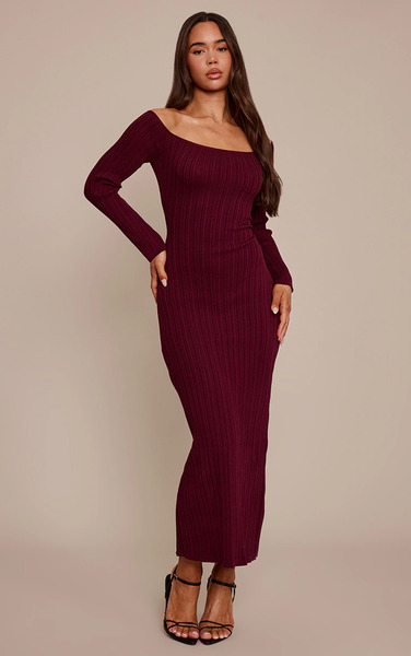  Prettylittlething Burgundy Fine Knit Off The Shoulder Maxi Dress 