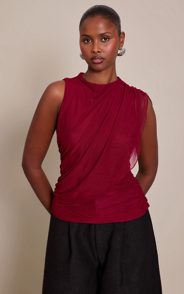  Prettylittlething Burgundy Mesh Cape Detail Long Top 