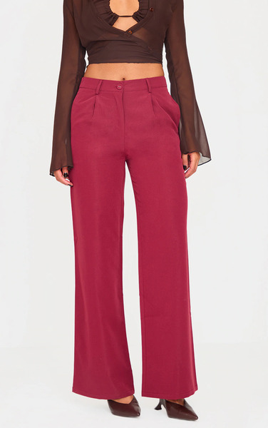  Prettylittlething Burgundy Peach Skin Straight Leg Trousers 