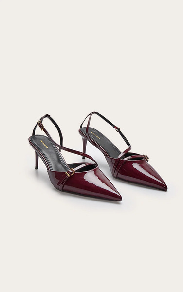  Prettylittlething Burgundy Point Toe Buckle Detail Low Heel Courts 