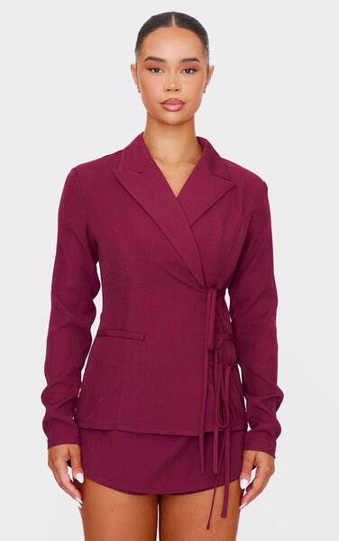  Prettylittlething Burgundy Premium Tailored Woven Wrap Front Playsuit 