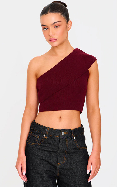 Prettylittlething Burgundy Soft Rib Knit One Shoulder Fold Over Crop Top 