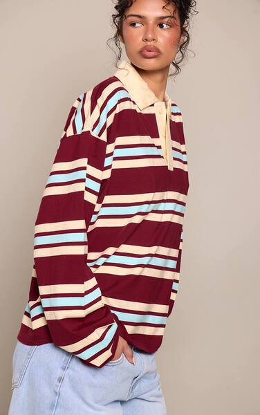  Prettylittlething Burgundy Striped Polo Tshirt 