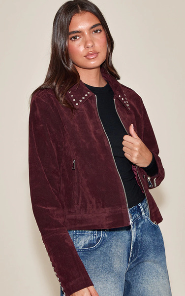 Prettylittlething Burgundy Studded Detail Faux Suede Zip Up Jacket 