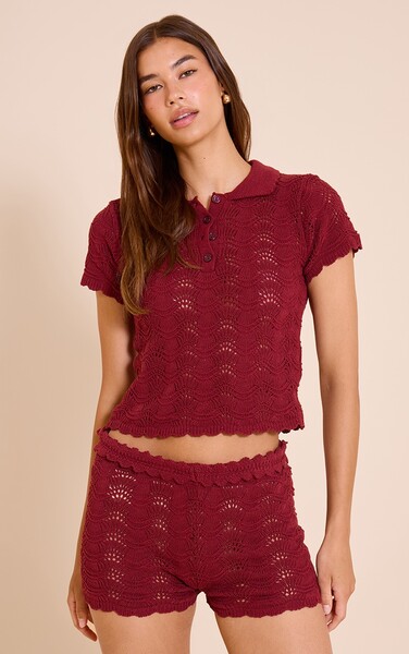  Prettylittlething Burgundy Waistband Detail Crochet Mini Shorts 