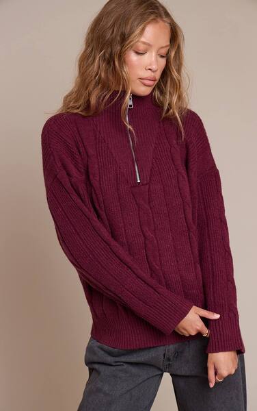  Prettylittlething Burgundy Zip Detail Cable Knit Oversized Jumper 