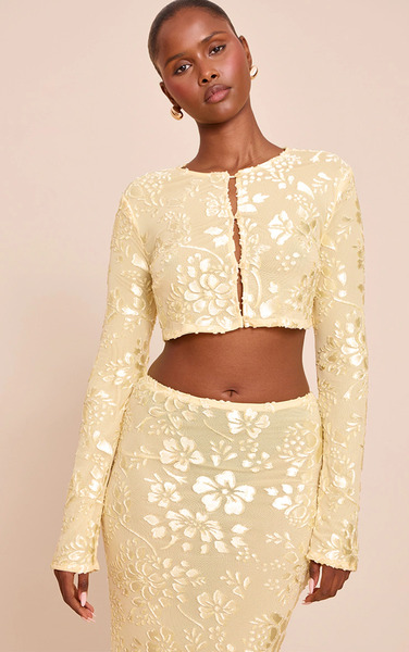  Prettylittlething Butter Yellow Floral Sheer Button Cropped Top 