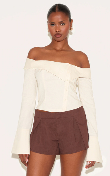  Prettylittlething Butter Yellow Linen Blend Bardot Button Up Shirt 