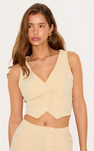  Prettylittlething Butter Yellow Linen Look Backless Waistcoat 