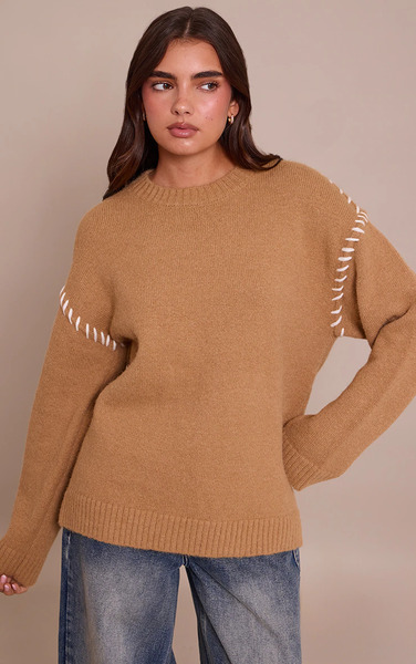  Prettylittlething Camel Blanket Stitch Knit Jumper 