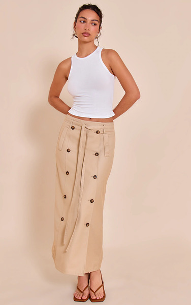  Prettylittlething Camel Button Detail Tie Maxi Skirt 