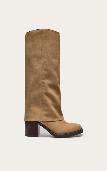  Prettylittlething Camel Faux Nubuck Round Toe Fold Over Low Block Heel Boots, Taupe 