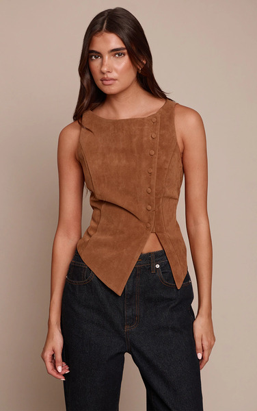  Prettylittlething Camel Faux Suede Asymmetric Button Detail Waistcoat 