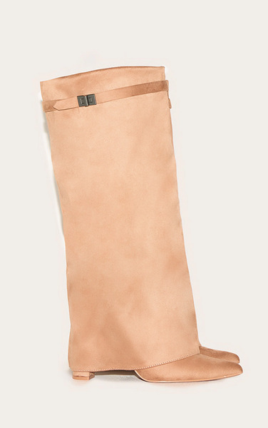  Prettylittlething Camel Faux Suede Point Toe Fold Over Knee Block Heeled Boots 