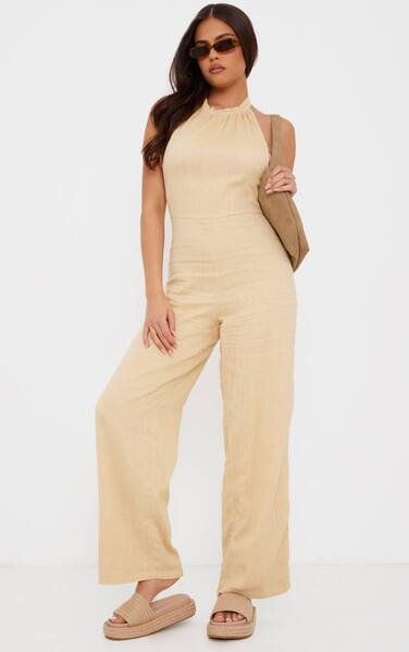  Prettylittlething Camel Textured Halterneck Low Back Jumpsuit 