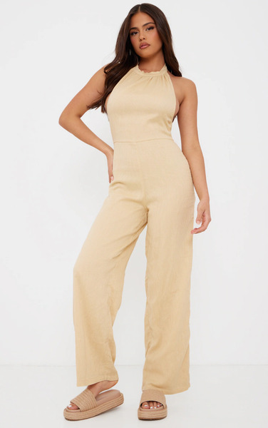  Prettylittlething Camel Textured Halterneck Low Back Jumpsuit 
