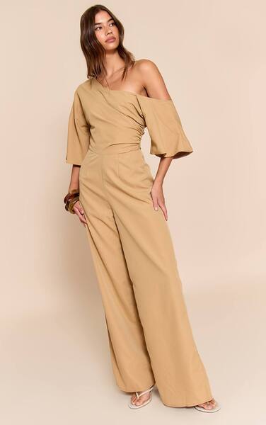  Prettylittlething Camel Woven Asymmetric Short Sleeve Wide Leg Jumpsuit 