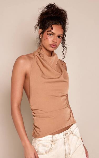  Prettylittlething Camel Woven High Neck Low Back Top 